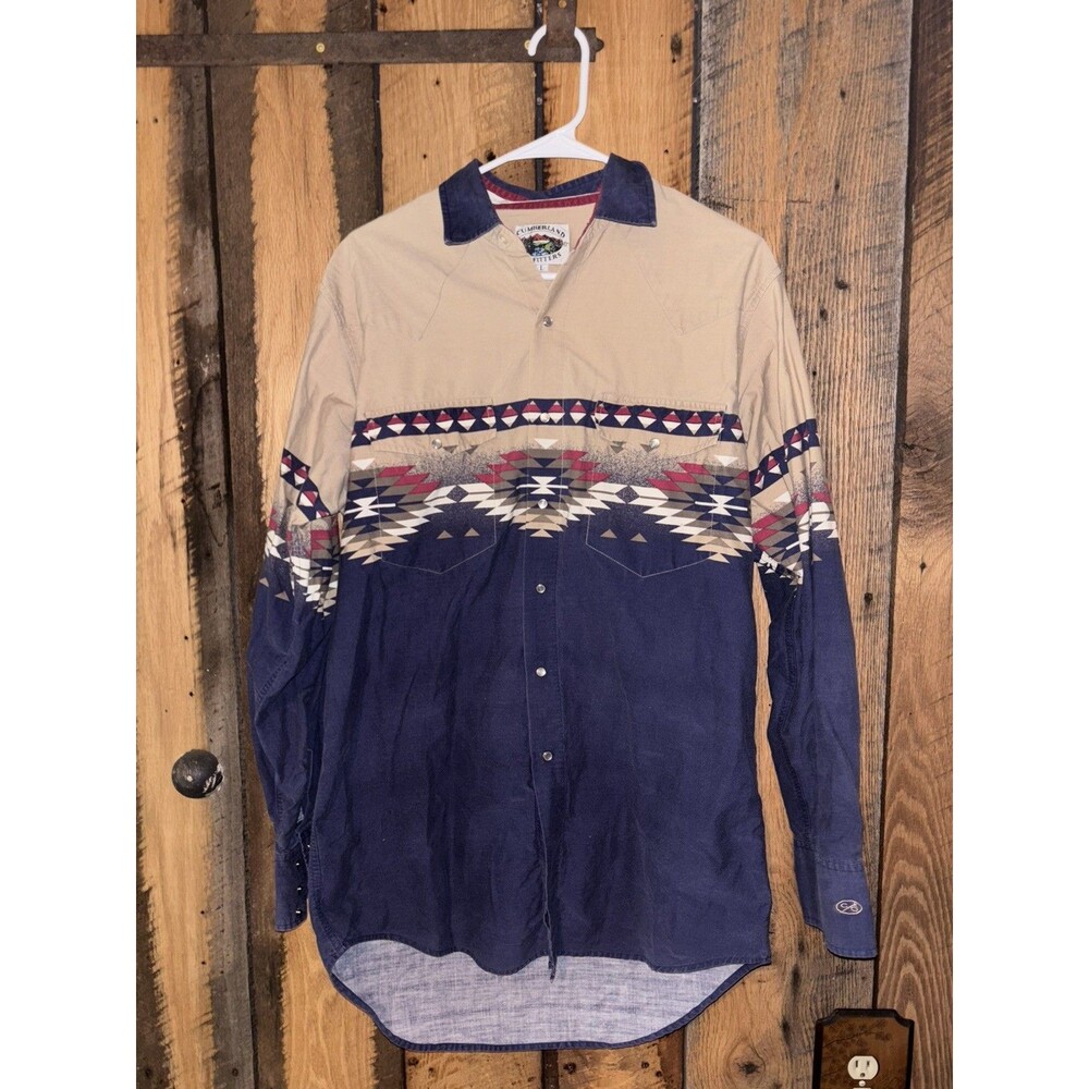 Cumberland Outfitters Western Pearl Snap Shirt Mens Lg Blue Beige Aztec Rodeo